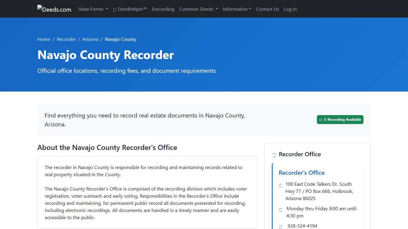 Navajo County Recorder Information, Arizona - Deeds.com